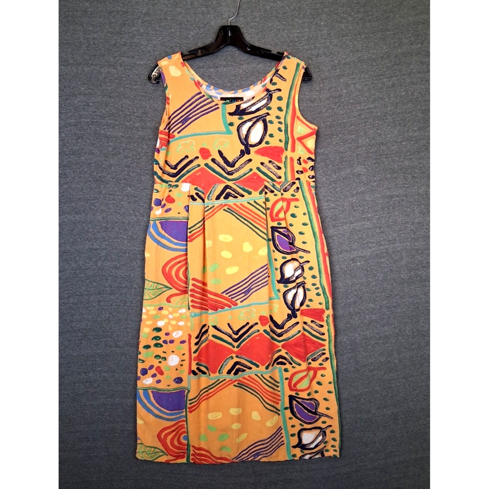 VTG Jams World Womens Dress M Multi Abstract Janice Midi Rayon USA 80 Retro W334